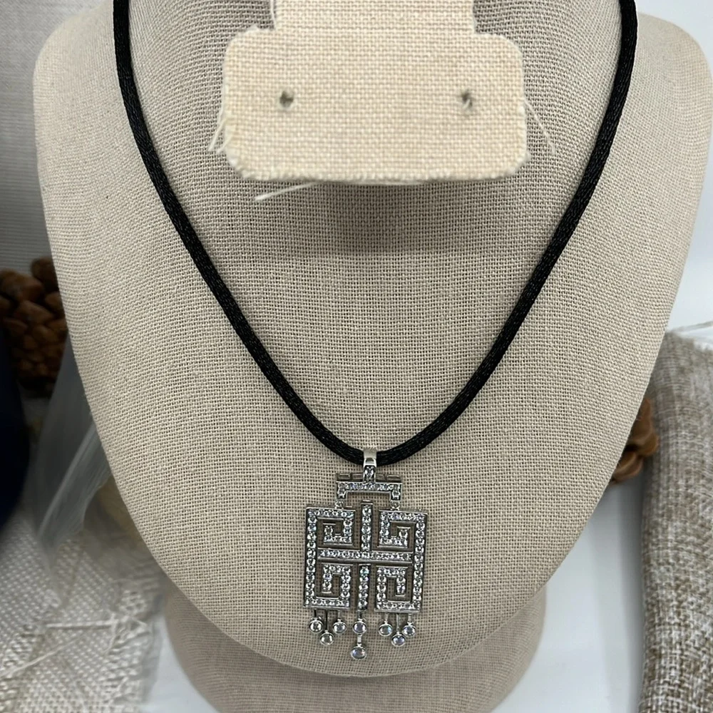 925 Diamonique QVC Geometric Statement Necklace w/ Black Adjustable Cord